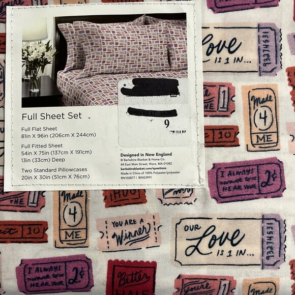 Berkshire Sheet Set Artist Series Pink Love Valentines Tickets Novelty Set Full - Picture 4 of 8